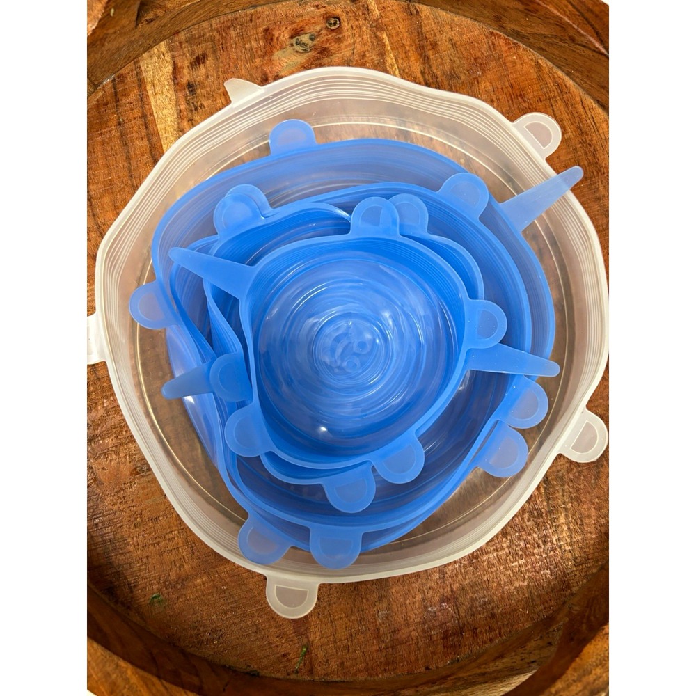 5pc Round Food Storage Set Clear Blue Silicone Stretch Lids BPA Free Reusable